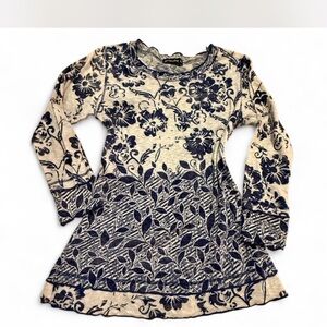 David Cline Y2K Long Sleeve Floral Top - Navy and Cream Ruffle Hem Bohemian